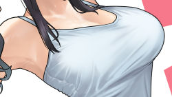 Rule 34 | 1girl, armpits, bare shoulders, black hair, blue camisole, breast focus, breasts, camisole, character request, cleavage, collarbone, commentary request, head out of frame, kaedeko (kaedelic), large breasts, original, sidelocks, simple background, solo, taut clothes, upper body, white background