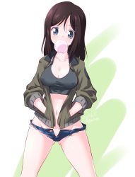 Rule 34 | 1girl, black hair, black shirt, blue eyes, blue shorts, blush, breasts, brown jacket, blowing bubbles, chewing gum, cleavage, commentary, covered navel, cowboy shot, crop top, cutoffs, dated, emblem, girls und panzer, gluteal fold, hands in pockets, highres, jacket, kuzuryuu kennosuke, long hair, long sleeves, looking at viewer, medium breasts, megumi (girls und panzer), micro shorts, military, military uniform, navel, no panties, one-hour drawing challenge, open fly, saunders military uniform, school connection, shirt, shorts, solo, standing, swept bangs, thighs, twitter username, uniform, white background