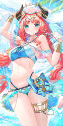 Rule 34 | 1girl, absurdres, armlet, arms up, bare shoulders, beach, bead necklace, beads, blue eyes, blue gemstone, blue panties, blue sky, blunt bangs, breasts, fake horns, gem, genshin impact, gold bracelet, hair ornament, highres, horns, jewelry, kiramarukou, long hair, low twintails, medium breasts, multicolored eyes, navel, necklace, nilou (genshin impact), off shoulder, open mouth, outdoors, panties, red hair, sidelocks, sky, solo, stomach, sweatdrop, swimsuit, twintails, underwear, very long hair, vision (genshin impact), water, wet