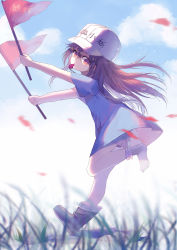 Rule 34 | 1girl, absurdres, ankle cuffs, blue dress, blue sky, blurry, blurry foreground, boots, brown eyes, brown footwear, brown hair, cloud, day, depth of field, dress, flag, grass, hat, hataraku saibou, highres, holding, holding flag, long hair, looking at viewer, mouth hold, outdoors, petals, pink shorts, platelet (hataraku saibou), shoes, short sleeves, shorts, shorts under dress, single shoe, sky, smile, solo, sylvia (huajiuhuajiu), very long hair, whistle, white hat