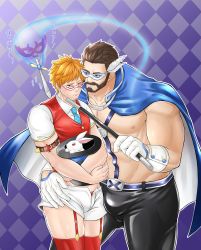 Rule 34 | 2boys, abs, absurdres, age difference, bara, bare pectorals, beard, black-framed eyewear, black pants, blue cape, blush, bridal garter, bulge, cape, clothes pull, couple, facial hair, feather hair ornament, feathers, feet out of frame, fresuke sanc, glasses, gloves, gluteal fold, gyee, hair ornament, hat, heads together, highres, huge filesize, large pectorals, latex pants, magic trick, male focus, male underwear, male underwear peek, mature male, multiple boys, muscular, muscular male, necktie, nipples, official alternate costume, open fly, orange hair, pants, pectorals, pulling another&#039;s clothes, rabbit, rainbow, red male underwear, red vest, short hair, shorts, shorts pull, stomach, thick thighs, thighhighs, thighs, top hat, turing (gyee), underwear, vest, vundo (gyee), wand, white gloves, white shorts, yaoi