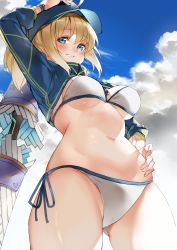 Rule 34 | 1girl, absurdres, ahoge, arm up, artoria pendragon (fate), baseball cap, bikini, blonde hair, blue eyes, blue hat, blue sky, blush, breasts, cloud, commentary request, cowboy shot, day, fate/grand order, fate (series), from below, gluteal fold, grin, hair between eyes, hand on headwear, hand on own hip, hat, highres, ken (coffee michikusa), long hair, long sleeves, looking at viewer, medium breasts, mysterious heroine x (fate), mysterious heroine xx (fate), navel, outdoors, ponytail, shrug (clothing), side-tie bikini bottom, sidelocks, sky, smile, solo, standing, stomach, swimsuit, thighs, white bikini, wristband