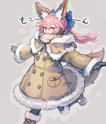 Rule 34 | 10s, 1girl, animal ears, bad id, bad tumblr id, bee (deadflow), black pantyhose, blue bow, boots, bow, capelet, coat, commentary request, covered mouth, fate/extra, fate (series), fox ears, fox tail, fur trim, grey background, hair between eyes, hair bow, hair flaps, knee boots, long hair, looking at viewer, orange eyes, outstretched arms, pantyhose, ponytail, sidelocks, simple background, solo, tail, tamamo no mae (fate/extra), tsurime, walking