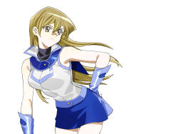 1girl, 203wolves, bangs, bare shoulders, belt, blonde hair, blue skirt, breasts, brown eyes, closed mouth, commentary request, duel academy uniform (yu-gi-oh! gx), fingerless gloves, gloves, hair between eyes, hand on hip, highres, long hair, looking away, medium breasts, miniskirt, shiny, shiny hair, shirt, simple background, skirt, sleeveless, sleeveless shirt, smile, solo, tenjouin asuka, turtleneck, white background, white shirt, yu-gi-oh!, yu-gi-oh! gx