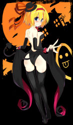Rule 34 | 1girl, alice margatroid, alternate costume, ass, backless outfit, black dress, black thighhighs, blonde hair, blue eyes, blush, breasts, demon tail, dress, female focus, halloween, hat, hat ribbon, highres, ribbon, short hair, sideboob, smile, solo, tail, thighhighs, touhou, yuuki. (limit)