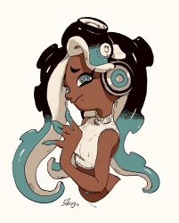 Rule 34 | 1girl, artist name, black hair, cephalopod eyes, closed mouth, commentary request, crop top, cropped torso, dark-skinned female, dark skin, eyelashes, gradient hair, green hair, headphones, highres, long hair, marina (splatoon), mole, mole under mouth, multicolored hair, nintendo, octoling, shogo (shogo70449442), simple background, solo, splatoon (series), tentacle hair, thick eyebrows, twitter username, two-tone hair, upper body, white background