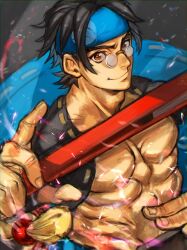 Rule 34 | 1boy, abs, black hair, blue headband, brown eyes, fingerless gloves, folded fan, folding fan, glasses, gloves, guilty gear, guilty gear strive, hand fan, headband, highres, holding, holding fan, japanese clothes, kimono, large pectorals, looking at viewer, male focus, mito anji, multicolored clothes, multicolored kimono, muscular, muscular male, pectorals, pince-nez, short hair, smile, tassel, upper body, yohane shimizu