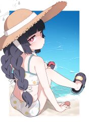 1girl absurdres bare_arms bare_legs bare_shoulders beach bikini black_hair blue_archive blush braid crocs futapi halo hat highres leaf_print long_hair looking_at_viewer looking_back miyu_(blue_archive) miyu_(swimsuit)_(blue_archive) official_alternate_costume print_bikini red_eyes sitting solo starfish straw_hat sun_hat swimsuit water white_bikini