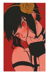Rule 34 | 1girl, bare shoulders, black gloves, black hair, blush, border, ear blush, earrings, eyelashes, fingerless gloves, flower, gloves, hair flower, hair ornament, hairband, hand up, head tilt, highres, hu (saimens), jewelry, looking at viewer, nose blush, parted lips, portrait, red background, red eyes, red lips, rose, shoulder blush, sidelocks, simple background, sleeveless, solo, spikes, spy x family, updo, yellow flower, yellow rose, yor briar