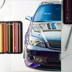 Rule 34 | art tools in frame, car, colored pencil, commentary, commission, english commentary, highres, honda, honda civic, modifiedartworks, motor vehicle, no humans, original, pencil, photo (medium), traditional media, vehicle focus