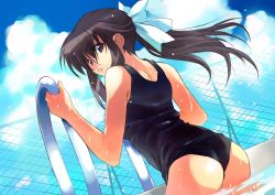 Rule 34 | 1girl, ass, chain-link fence, cloud, dutch angle, fence, from behind, hair ribbon, highres, long hair, looking back, matsumoto noriyuki, one-piece swimsuit, parted lips, ponytail, pool, pool ladder, poolside, ribbon, school swimsuit, solo, swimsuit, wet