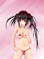 Rule 34 | 10s, 1girl, bikini, black hair, breasts, cleavage, date a live, heterochromia, licking, long hair, red eyes, solo, swimsuit, tokisaki kurumi, tongue, tongue out, twintails, yellow eyes