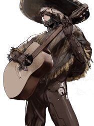Rule 34 | 1boy, black hat, cyborg, eyepatch, guitar, hat, highres, holding, holding instrument, instrument, looking at viewer, male focus, metal gear (series), metal gear rising: revengeance, one eye covered, poncho, raiden (metal gear), short hair, simple background, solo, sombrero, uglykao, white background, white hair