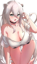 Rule 34 | 1girl, absurdres, ahoge, animal ears, bare shoulders, black choker, blush, breasts, choker, cleavage, cocoablue23, collarbone, fang, grey eyes, grey hair, hair between eyes, highres, hololive, jewelry, kneeling, large breasts, lion ears, lion girl, lion tail, long hair, looking at viewer, necklace, off-shoulder shirt, off shoulder, open mouth, shirt, shishiro botan, shishiro botan (casual), simple background, solo, tail, thighs, virtual youtuber, white background