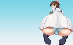 Rule 34 | 1girl, aoi minamo, ass, ass focus, bent over, blue background, blue socks, blush, bow, brown eyes, brown hair, cameltoe, dress, fat mons, feet, foreshortening, from behind, from below, gradient background, hair bow, huge ass, kneehighs, looking at viewer, looking back, nigou, panties, pantyshot, parted lips, perspective, real drive, school uniform, seiza, serafuku, short dress, short hair, sitting, skindentation, socks, soles, solo, toes, trefoil, underwear, upskirt, wallpaper, white panties, wide hips