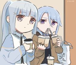 Rule 34 | 1boy, 1girl, alternate costume, ayaka (genshin impact), bag, blue hair, blue jacket, blunt bangs, brother and sister, brown jacket, bubble tea, casual, coffee cup, commentary, contemporary, cup, disposable cup, drinking straw, genshin impact, grey eyes, hair between eyes, highres, holding, holding cup, jacket, kamisato ayato, long hair, open clothes, open jacket, ponytail, purple eyes, shirt, short hair, siblings, upper body, white shirt, xinzoruo