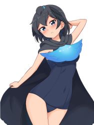 Rule 34 | 1girl, absurdres, adapted costume, alternate costume, bare arms, bare legs, bird girl, bird tail, bird wings, black cape, black hair, blue eyes, blue neckwear, blue one-piece swimsuit, blush, cape, commentary request, cowboy shot, head wings, highres, kemono friends, one-piece swimsuit, school swimsuit, shiraha maru, short hair, simple background, smile, solo, superb bird-of-paradise (kemono friends), swimsuit, tail, white background, wings