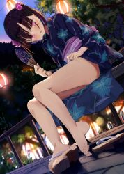 Rule 34 | ass, barefoot, bench, blue kimono, blurry, blurry background, blush, brown hair, clothes lift, commentary, dusk, dutch angle, feet, festival, floral print, flower, foliage, hair flower, hair ornament, hand fan, hand on own leg, holding, holding fan, japanese clothes, kamizaki hibana, kimono, kimono lift, lantern, looking at viewer, original, paper fan, paper lantern, parted lips, purple eyes, purple flower, railing, sandals, shoe soles, shoes, unworn shoes, short twintails, single shoe, solo, thighs, toe scrunch, toes, tree, twintails, wooden floor, yukata, zouri