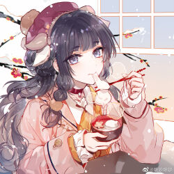 Rule 34 | 1girl, alternate costume, beret, black hair, blunt bangs, bowl, braid, branch, buttoned cuffs, chinese commentary, choker, chopsticks, closed mouth, double bun, eating, flower, food, food in mouth, frilled sailor collar, frilled sleeves, frills, hair bun, hair ornament, hat, heroine (lovebrush chronicles), holding, holding bowl, holding chopsticks, jacket, long hair, long sleeves, lovebrush chronicles, mochi, mochi trail, nevakuma (fanfanas), orange sweater, pink jacket, pink sailor collar, plum blossoms, pom pom (clothes), pom pom hair ornament, purple eyes, red choker, red flower, red headwear, sailor collar, shirt, side braid, sleeve cuffs, smile, snow, solo, steam, sweater, table, upper body, wavy hair, weibo logo, weibo username, white shirt, window, zouni soup