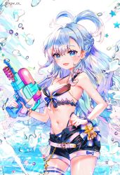 Rule 34 | 1girl, absurdres, air bubble, alternate costume, bare arms, bare shoulders, belt, bikini, bikini under clothes, black shorts, blue bikini, blue eyes, blue hair, blush, bracelet, breasts, bubble, cleavage, commentary, cowboy shot, finger on trigger, hand on own hip, high ponytail, highleg, highleg bikini, highres, holding, holding water gun, hololive, hololive indonesia, jewelry, kobo kanaeru, long hair, looking at viewer, medium breasts, navel, open fly, open mouth, short ponytail, short shorts, shorts, smile, solo, sowon, split ponytail, striped bikini, striped clothes, swimsuit, symbol-only commentary, twitter username, virtual youtuber, water, water gun, wristband