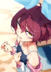 Rule 34 | 1girl, absurdres, beach, beach towel, black one-piece swimsuit, blurry, blurry background, blurry foreground, blush, brown hair, collarbone, hair between eyes, hair bobbles, hair ornament, highres, jacket, jacket partially removed, komari chika, kutotogisu, looking at viewer, make heroine ga oo sugiru!, one-piece swimsuit, sand, short hair, solo, swimsuit, towel, yellow eyes