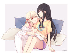 Rule 34 | 2girls, arm hug, arm support, black hair, blonde hair, bow, commentary request, frilled shirt, frills, hair bow, highres, inoue takina, knees up, long hair, lycoris recoil, misuzu (iridescence), multiple girls, nishikigi chisato, off-shoulder shirt, off shoulder, one eye closed, open mouth, pajamas, pants, pillow, purple eyes, purple shorts, red bow, red eyes, shirt, short hair, short sleeves, short twintails, shorts, sidelocks, sitting, t-shirt, teeth, twintails, twitter username, upper teeth only, white background, white pants, white shirt, yellow shirt, yuri