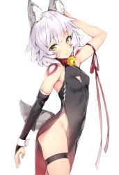 Rule 34 | 1girl, animal ear fluff, animal ears, arm up, bare shoulders, bell, black dress, black panties, blush, breasts, bridal gauntlets, brown ribbon, cat ears, china dress, chinese clothes, cleavage cutout, clothing cutout, collar, covered navel, dress, facial scar, fang, fate/apocrypha, fate/grand order, fate (series), green eyes, groin, hair between eyes, hand up, highres, hip focus, jack the ripper (fate/apocrypha), jingle bell, kemonomimi mode, looking at viewer, neck bell, no panties, panties, parted lips, pelvic curtain, red collar, ribbon, scar, scar across eye, scar on cheek, scar on face, shoulder tattoo, silver (chenwen), silver hair, simple background, single bridal gauntlet, sleeveless, sleeveless dress, small breasts, solo, tail, tattoo, thighhighs, thighs, underwear, white background, wrist cuffs