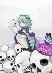 Rule 34 | 1girl, black eyes, blue butterfly, blush, bug, butterfly, closed mouth, commentary request, double bun, flower, green hair, hair bun, hand on own knee, highres, holding, holding skull, hololive, insect, natsuki (natukituki), skull, smile, solo, squatting, uruha rushia, uruha rushia (1st costume), virtual youtuber, white background, wide sleeves