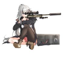Rule 34 | 1girl, aiming, asymmetrical legwear, bipod, blue eyes, boots, c14 (girls&#039; frontline), c14 timberwolf, case, clov3r, girls&#039; frontline, gun, highres, holding, holding gun, holding weapon, indian style, long hair, mismatched legwear, rifle, scope, short shorts, shorts, silver hair, single thighhigh, sitting, sniper rifle, solo, suppressor, thighhighs, trigger discipline, very long hair, weapon, white background