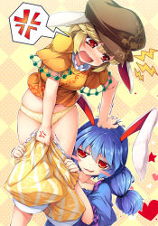 Rule 34 | 2girls, :3, anger vein, angry, animal ears, argyle, argyle background, argyle clothes, assisted exposure, blonde hair, blue dress, blue hair, blush, blush stickers, breasts, brown hat, chima q, clothes pull, collarbone, cowboy shot, dress, embarrassed, female pervert, flat cap, floppy ears, grabbing another&#039;s hair, hand on another&#039;s head, hat, head grab, heart, highres, jitome, leaning forward, legs apart, long hair, looking at another, looking at viewer, looking down, low twintails, medium breasts, multiple girls, open mouth, orange shirt, panties, pants, pants pull, pervert, polka dot, polka dot background, puffy sleeves, pulling own clothes, pulling another&#039;s clothes, rabbit ears, red eyes, ringo (touhou), seiran (touhou), shirt, short hair, short sleeves, shorts, shorts pull, smirk, speech bubble, spoken anger vein, standing, star (symbol), striped clothes, striped shorts, touhou, trembling, twintails, two-tone background, underwear, undressing, upper body, vertical-striped clothes, vertical-striped shorts, wavy mouth, yellow panties, yellow pants, yuri
