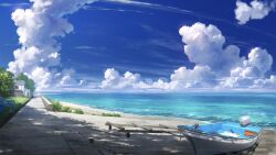 beach blue_sky boat building bush cart cloud cloudy_sky dappled_sunlight day grass hedge highres horizon house morning motor_vehicle no_humans ocean original outdoors pei_(sumurai) plant scenery shadow shore sky sunlight tree water watercraft