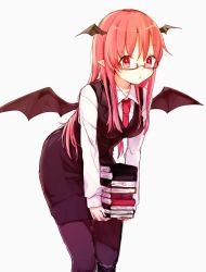 Rule 34 | 1girl, :o, bat wings, bespectacled, black pantyhose, book, book stack, dress shirt, glasses, head wings, holding, holding book, honotai, koakuma, leaning forward, long hair, looking at viewer, necktie, pantyhose, pointy ears, red eyes, red hair, semi-rimless eyewear, shirt, simple background, solo, touhou, vest, white background, wings
