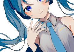 Rule 34 | 1girl, aqua nails, aqua necktie, bad id, bad pixiv id, bare shoulders, blue eyes, blue hair, blush, closed mouth, collared shirt, dutch angle, fingernails, grey shirt, hatsune miku, headphones, long hair, looking at viewer, nail polish, necktie, p2 (uxjzz), shirt, simple background, sleeveless, sleeveless shirt, smile, solo, twintails, vocaloid, white background, wing collar