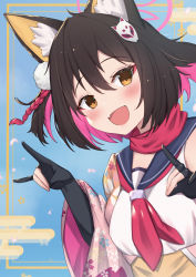 1girl, :d, animal ear fluff, animal ears, bangs, bare shoulders, black gloves, black hair, black sailor collar, blue archive, blue background, blush, breasts, brown eyes, character request, commentary request, double fox shadow puppet, egasumi, eyebrows visible through hair, fang, floral print, fox ears, fox mask, fox shadow puppet, gloves, hair between eyes, highres, japanese clothes, kimono, long sleeves, looking at viewer, mask, mask on head, medium breasts, multicolored hair, neckerchief, open mouth, partially fingerless gloves, pink hair, pink kimono, print kimono, red neckwear, sailor collar, shirt, sleeveless, sleeveless shirt, smile, solo, two-tone hair, uneg, upper body, white shirt, wide sleeves