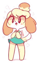 Rule 34 | 1girl, animal crossing, animal ears, artist name, black eyes, blonde hair, blush, bow, diamond (shape), diives, dog, dog ears, dog tail, full body, furry, furry female, green skirt, green vest, hair ornament, isabelle (animal crossing), lowres, nintendo, open mouth, own hands together, red bow, shirt, signature, simple background, skirt, solo, standing, tail, teeth, text focus, vest, white background, white shirt