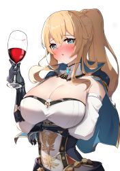 Rule 34 | 1girl, absurdres, alcohol, arm under breasts, band (skymole01), bare shoulders, blonde hair, blue capelet, blue eyes, blush, breasts, capelet, cleavage, commentary request, cup, cupping glass, detached collar, detached sleeves, genshin impact, hair between eyes, hand up, highres, holding, holding cup, jean (genshin impact), large breasts, long hair, looking at viewer, nose blush, parted lips, ponytail, red wine, shirt, sidelocks, simple background, solo, strapless, strapless shirt, upper body, white background, wine