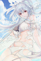 Rule 34 | 1girl, absurdres, ahoge, bare shoulders, bikini, blue sky, breasts, fate/grand order, fate/prototype, fate (series), frilled bikini, frills, highres, lady avalon (fate), lady avalon (second ascension) (fate), large breasts, long hair, looking at viewer, merlin (fate/prototype), navel, parasol, pukku, red eyes, sky, smile, solo, swimsuit, thighs, umbrella, very long hair, white bikini, white hair