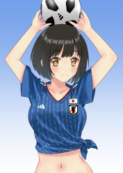 Rule 34 | 1girl, arms up, ball, black hair, blue background, blue shirt, blush, character request, collarbone, gradient background, holding, holding ball, idolmaster, japanese flag, koukoku, looking at viewer, midriff, navel, shirt, short hair, smile, soccer, soccer ball, soccer uniform, solo, sportswear, stomach, tied shirt, upper body, yellow eyes