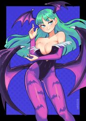 Rule 34 | 1girl, 333 (dqqqdle), animal print, bare shoulders, bat print, bat wings, breasts, bridal gauntlets, cleavage, clothing cutout, commentary, demon girl, elbow gloves, english commentary, gloves, green eyes, green hair, head wings, highres, large breasts, leotard, long hair, looking at viewer, morrigan aensland, pantyhose, print pantyhose, smile, solo, vampire (game), wings