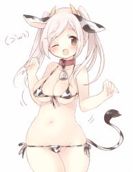 Rule 34 | 1girl, ;d, alternate costume, animal ears, animal print, bad id, bad twitter id, bare arms, bare shoulders, bell, bikini, blush, breasts, brown eyes, cleavage, collar, commentary request, covered erect nipples, cow ears, cow girl, cow horns, cow print, cow tail, fingernails, fire emblem, fire emblem awakening, front-tie bikini top, front-tie top, groin, horns, large breasts, long hair, micro bikini, navel, neck bell, nintendo, one eye closed, open mouth, print bikini, red collar, robin (female) (fire emblem), robin (fire emblem), side-tie bikini bottom, simple background, skindentation, smile, solo, swimsuit, tail, teu (navy), twintails, white background, white hair
