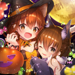 Rule 34 | 2019, 2girls, animal ears, blush, brown hair, haiba 09, hair between eyes, hair ornament, hairclip, halloween, happy halloween, hat, highres, ikazuchi (kancolle), inazuma (kancolle), jack-o&#039;-lantern, kantai collection, long hair, looking at viewer, moon, multiple girls, one eye closed, open mouth, pumpkin, rabbit, short hair, smile, star (symbol), witch hat, wolf ears, wolf paws