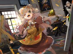 Rule 34 | 2girls, :d, aged down, apron, art brush, blonde hair, canvas (object), child, double bun, funi mu9, green eyes, hair bun, highres, hololive, maid, momosuzu nene, multiple girls, one eye closed, open mouth, paint, paint on clothes, paint splatter, paint splatter on face, paintbrush, painting (action), palette (object), phonograph, smile, solo focus, virtual youtuber, window