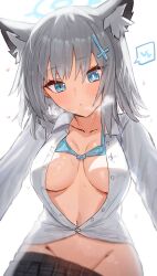 Rule 34 | animal ear fluff, animal ears, blue archive, blue eyes, bra, bra lift, clothes pull, collared shirt, cross hair ornament, girl on top, grey hair, hair ornament, halo, heart, highres, horn/wood, looking at viewer, medium hair, mismatched pupils, navel, partially unbuttoned, plaid, plaid skirt, pleated skirt, pov, school uniform, shiroko (blue archive), shirt, skirt, skirt pull, sweat, underwear, wolf ears