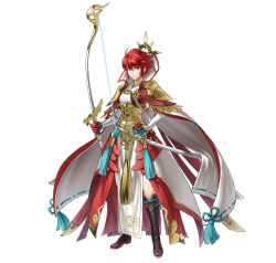 Rule 34 | 1girl, black footwear, boots, bow (weapon), fire emblem, fire emblem fates, fire emblem heroes, frown, full body, gloves, halo, hinoka (fire emblem), holding, holding bow (weapon), holding weapon, looking at viewer, nintendo, official alternate costume, official art, red eyes, red gloves, red hair, sheath, short hair, solo, weapon, white background