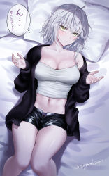 Rule 34 | 1girl, ahoge, alternate costume, black jacket, black shorts, blush, breasts, cleavage, closed mouth, collarbone, commentary request, fate/grand order, fate (series), highres, jacket, jeanne d&#039;arc alter (fate), large breasts, long sleeves, looking at viewer, lying, midriff, navel, off shoulder, omizu (omz), on bed, open clothes, open jacket, pillow, short hair, short shorts, shorts, solo, speech bubble, tank top, translation request, twitter username, white hair, white tank top, yellow eyes