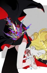 Rule 34 | 1girl, absurdres, black cape, blonde hair, blood, cape, colored eyelashes, crown, crying, dress, closed eyes, facing down, floating cape, floating hair, flower, from side, highres, holding, holding sword, holding weapon, impaled, korean commentary, original, profile, short hair, signature, sleeveless, sleeveless dress, solo, stab, suicide, sword, toktin zq, two-sided cape, two-sided fabric, upper body, weapon