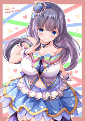 Rule 34 | 1girl, bare shoulders, black hair, blue eyes, blue skirt, blush, border, breasts, bridal gauntlets, brown border, closed mouth, commentary request, crown, dated, frills, hand up, happy birthday, heart, highres, large breasts, long hair, looking at viewer, mini crown, misumi aoi, navel, ongeki, skirt, smile, solo, star (symbol), tilted headwear, v, very long hair, white background, xenon (for achieve)