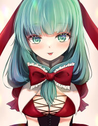 Rule 34 | 1girl, bloom, blush, bow, breasts, brown background, closed mouth, collared dress, commentary request, corset, dress, eyelashes, frills, gradient background, green eyes, green hair, hair bow, highres, kagiyama hina, large breasts, medium hair, n yurel, puffy short sleeves, puffy sleeves, red bow, red dress, short sleeves, smile, solo, standing, tongue, tongue out, touhou, upper body