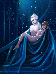 Rule 34 | 2girls, anna (frozen), artistic nudity, barefoot, braid, breasts, carrying, elsa (frozen), closed eyes, fine art parody, frozen (disney), incest, kimbbq, long hair, medium breasts, multiple girls, nude, parody, pieta, princess, princess carry, queen, siblings, single braid, sisters, small breasts, snowflakes, stairs, yuri