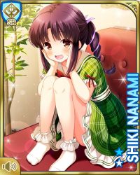 Rule 34 | 1girl, :o, barefoot, bow, breasts, brown eyes, card (medium), chair, day, dress, eyebrows, girlfriend (kari), green dress, hair ribbon, hands on own face, indoors, large breasts, long hair, maroon hair, nanami shiki, nervous, official art, open mouth, plaid, plaid dress, ponytail, qp:flapper, red bow, ribbon, sidelocks, sitting, solo, tagme